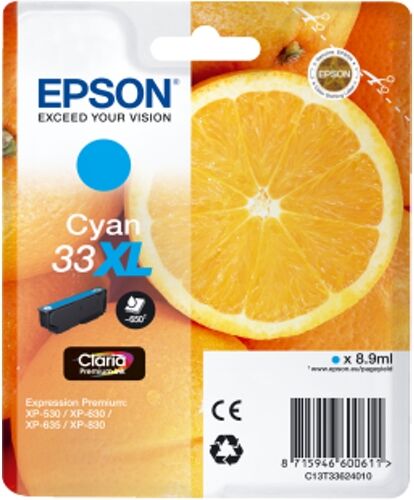 Epson Cartucho de tinta original EPSON, 33, Naranjas 8,9 ml , Cian, Alta, XL, C13T33624022, T3362 Epson Cartucho de tinta original EPSON, 33, Naranjas 8,9 ml , Cian, Alta, XL, C13T33624022, T3362