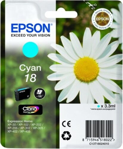Epson Cartucho de tinta original EPSON, Tinta Claria Home, 18, Margarita 3,3 ml , Cian, C13T18024022, T1802 Epson Cartucho de tinta original EPSON, Tinta Claria Home, 18, Margarita 3,3 ml , Cian, C13T18024022, T1802