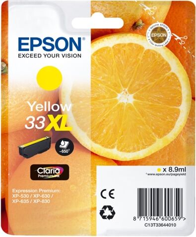 Epson Cartucho de tinta original EPSON, 33, Naranjas 8,9 ml , Amarillo, Alta, XL, C13T33644022, T3364 Epson Cartucho de tinta original EPSON, 33, Naranjas 8,9 ml , Amarillo, Alta, XL, C13T33644022, T3364