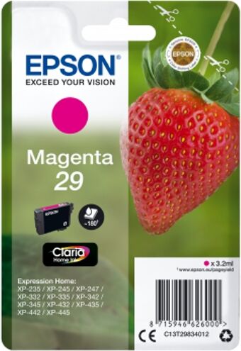 Epson Cartucho de tinta original EPSON, 29, Fresa 3,2 ml , Magenta, Estándar, C13T29834012, T2983 Epson Cartucho de tinta original EPSON, 29, Fresa 3,2 ml , Magenta, Estándar, C13T29834012, T2983