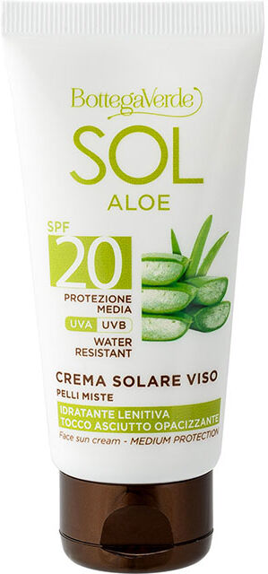 Bottega Verde Crema solar facial - hidratante y calmante, acabado no graso matificante - con zumo de Aloe - protección media SPF20 (50 ml) - resistente al agua - pi Bottega Verde Crema solar facial - hidratante y calmante, acabado no graso matificante - con zumo de Aloe - protección media SPF20 (50 ml) - resistente al agua - pi