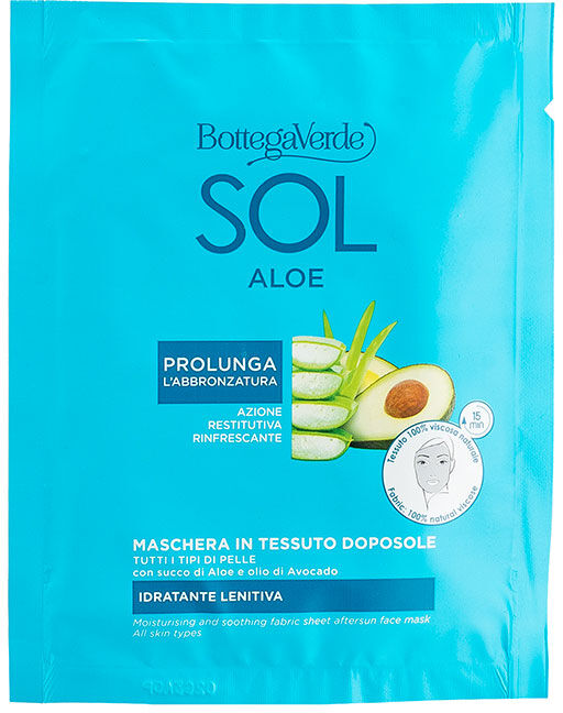 Bottega Verde Mascarilla de tejido aftersun - hidratante, calmante - con zumo de Aloe y aceite de Aguacate (1 unidad) - prolonga el bronceado - todo tipo de pieles