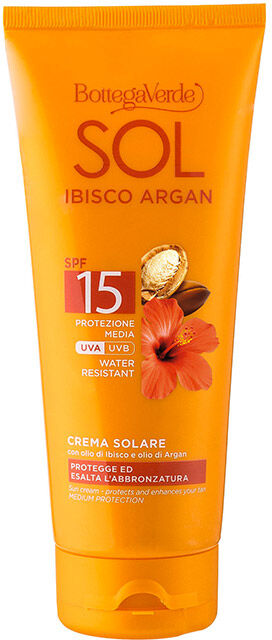 Bottega Verde SOL Ibisco Argan - Crema solar - protege y ensalza el bronceado - con aceite de Hibisco y aceite de Argán - protección media SPF15 (200 ml) - water re Bottega Verde SOL Ibisco Argan - Crema solar - protege y ensalza el bronceado - con aceite de Hibisco y aceite de Argán - protección media SPF15 (200 ml) - water re