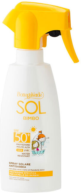 Bottega Verde Spray solar para niños - antiarena - con Aloe vera y leche de Almendras dulces - protección muy alta SPF50+ (250 ml) - protección específica para la p Bottega Verde Spray solar para niños - antiarena - con Aloe vera y leche de Almendras dulces - protección muy alta SPF50+ (250 ml) - protección específica para la p