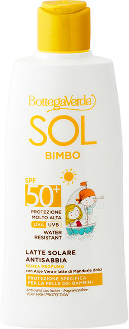 Bottega Verde SOL bimbo - Leche solar - antiarena, sin perfume - con Aloe vera y leche de Almendras dulces - protección muy alta SPF50+ (200 ml) - protección especí Bottega Verde SOL bimbo - Leche solar - antiarena, sin perfume - con Aloe vera y leche de Almendras dulces - protección muy alta SPF50+ (200 ml) - protección especí