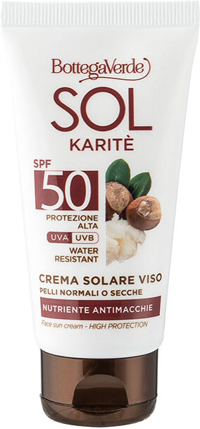 Bottega Verde Crema solar facial - nutritiva antimanchas - con manteca de Karité - protección alta SPF50 (50 ml) - resistente al agua - pieles normales o secas Bottega Verde Crema solar facial - nutritiva antimanchas - con manteca de Karité - protección alta SPF50 (50 ml) - resistente al agua - pieles normales o secas
