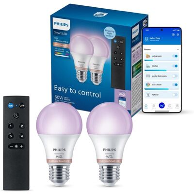 Bombilla Philips LED Inteligente RGB A60 E27 con Mando a Distancia Pack 2 Unidades Bombilla Philips LED Inteligente RGB A60 E27 con Mando a Distancia Pack 2 Unidades