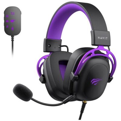 Auriculares Havit H2002C+U con cable Jack 3,5 mm para gaming y micrófono extraíble, negro/violeta Auriculares Havit H2002C+U con cable Jack 3,5 mm para gaming y micrófono extraíble, negro/violeta