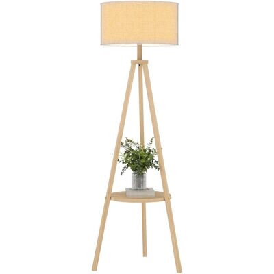 Homcom Lámpara De Pie Trípode Con Estante Estructura De Madera Y Pantalla Gris Homcom Lámpara De Pie Trípode Con Estante Estructura De Madera Y Pantalla Gris