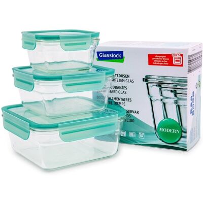 Glasslock Oven - Set De 3 Recipientes Cuadrados De 0.4l, 0.9l Y 1.6l Vidrio Horno. Verde Glasslock Oven - Set De 3 Recipientes Cuadrados De 0.4l, 0.9l Y 1.6l Vidrio Horno. Verde