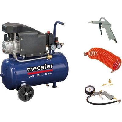 Compresor de aire Mecafer 24 l 2 HP 8 Bar azul con ruedas y kit de accesorios Compresor de aire Mecafer 24 l 2 HP 8 Bar azul con ruedas y kit de accesorios