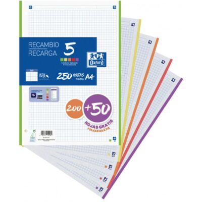Oxford 250 Folios A4 de Recambio Retractilado para Carpeta de Anillas 5 Colores Oxford 250 Folios A4 de Recambio Retractilado para Carpeta de Anillas 5 Colores