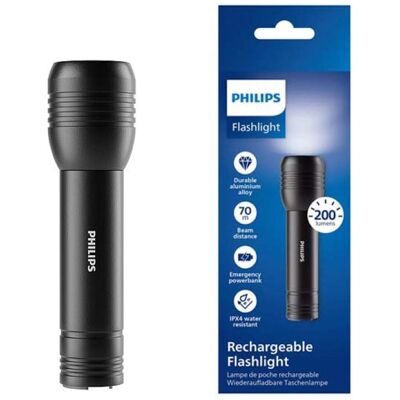 Linterna LED Compacta Philips - Recargable, Negra Linterna LED Compacta Philips - Recargable, Negra