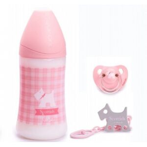 SUAVINEX BIBERÓN ESCOCÉS 270ML + CHUPETE + CLIP 0-6M ROSA