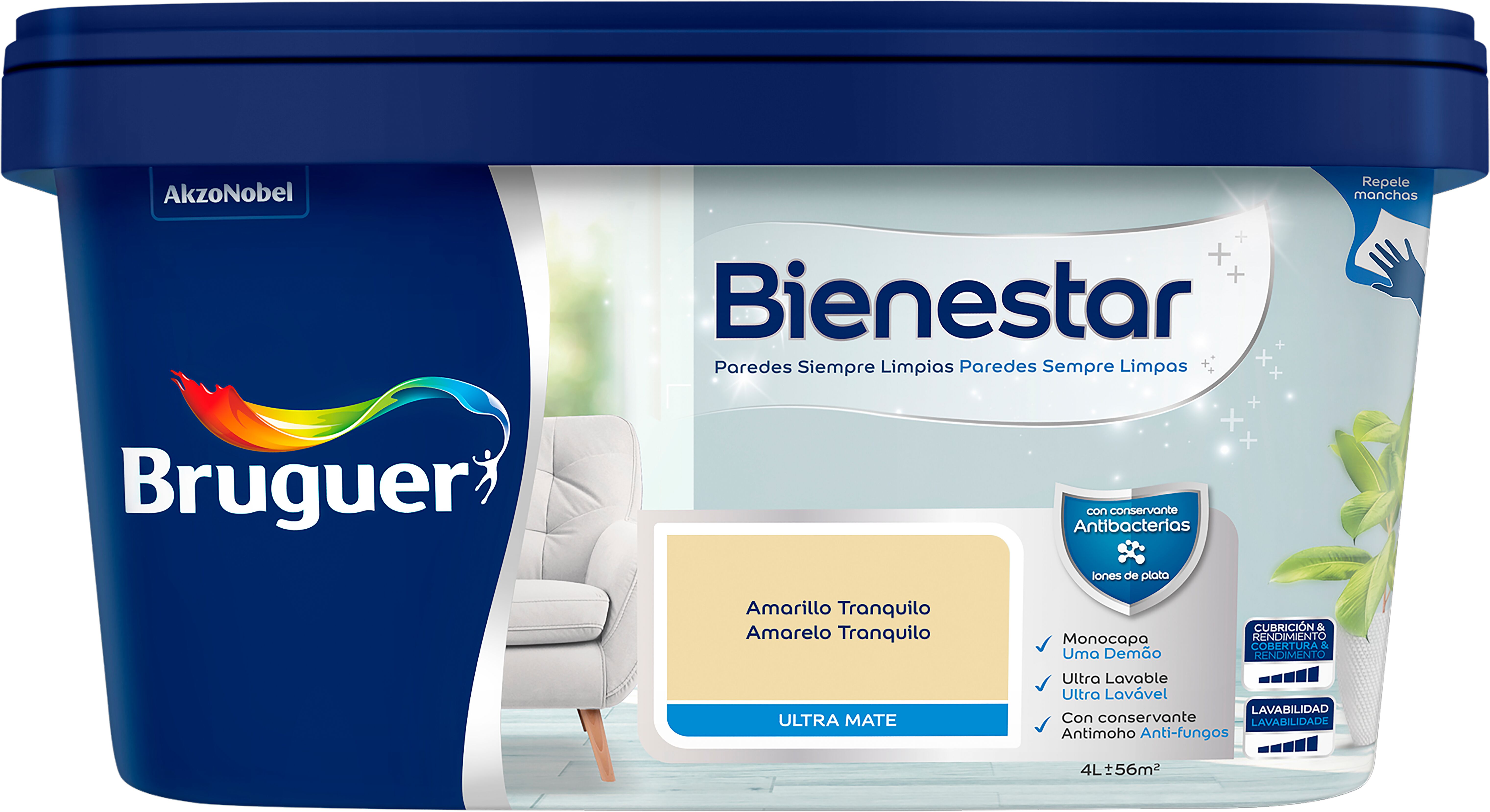 Pintura interior bienestar bruguer mate 4l amarillo tranquilo