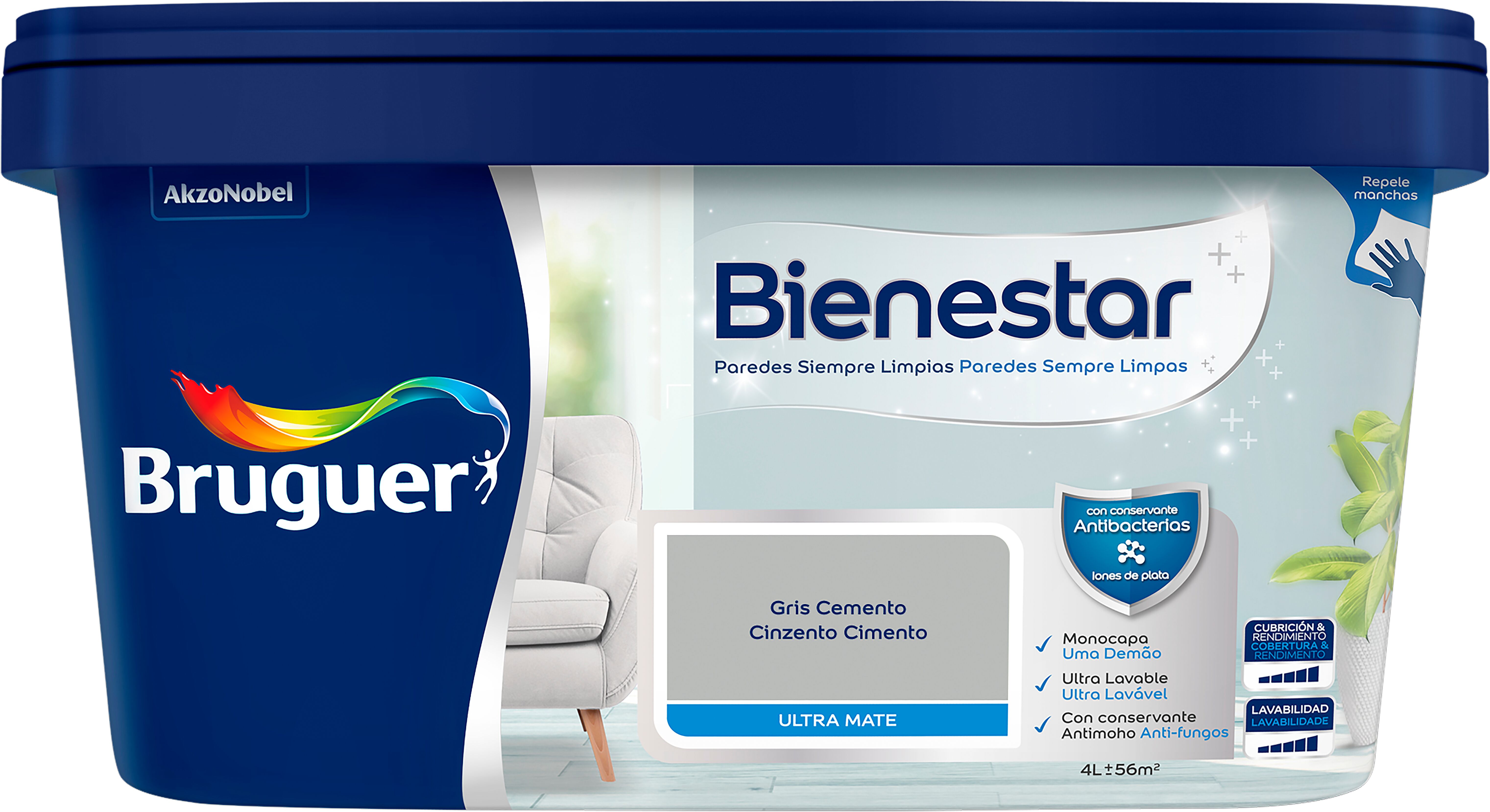 Pintura interior bienestar bruguer mate 4l gris cemento