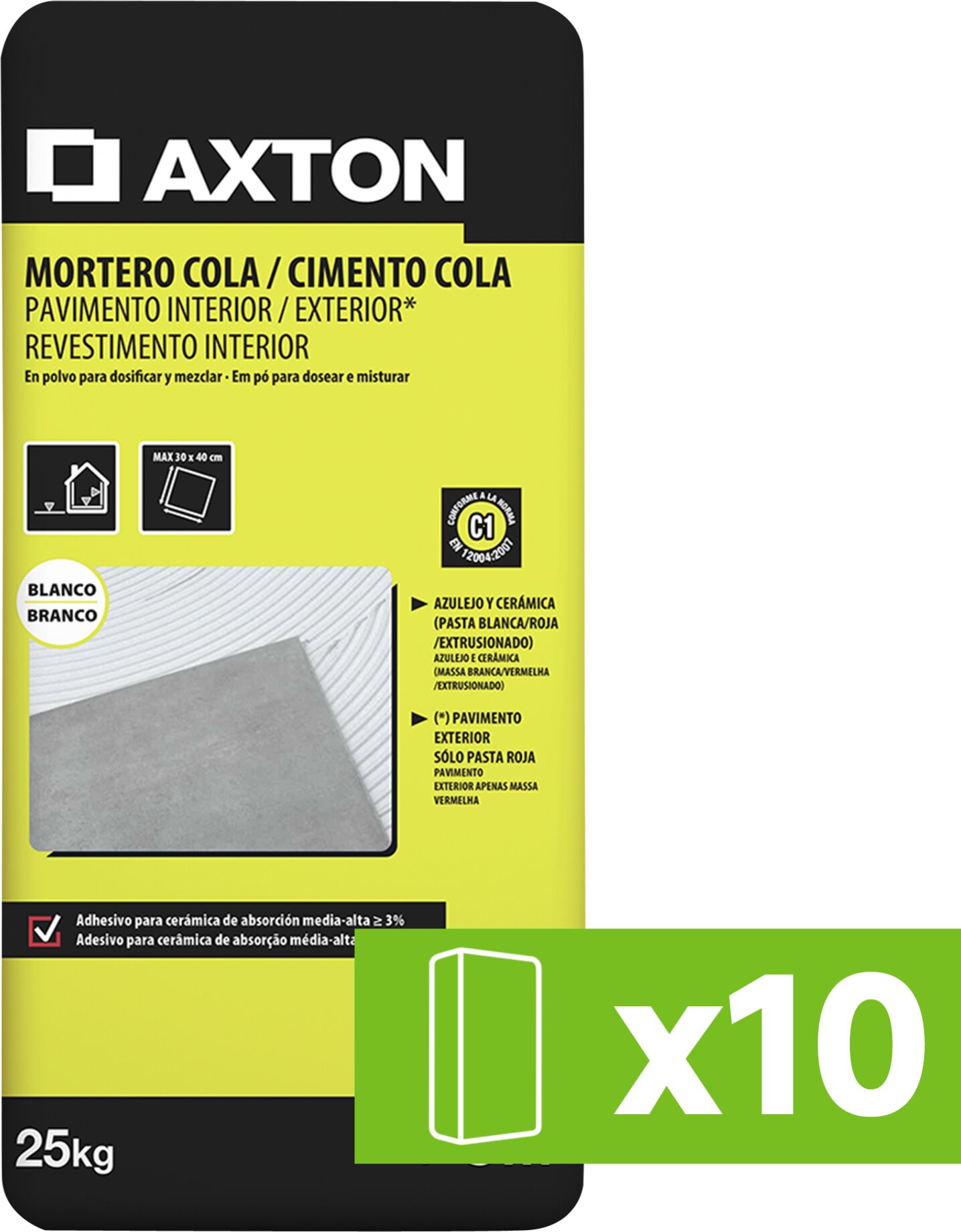 10 unidades mortero cola axton interior-exterior 25kg blanco