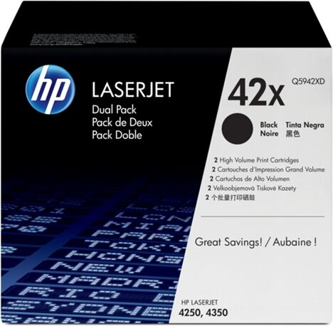 HP Pack de 2 cartuchos de tóner original LaserJet HP 42X de alta capacidad negro para Laserjet 4250 y 4350 HP Pack de 2 cartuchos de tóner original LaserJet HP 42X de alta capacidad negro para Laserjet 4250 y 4350