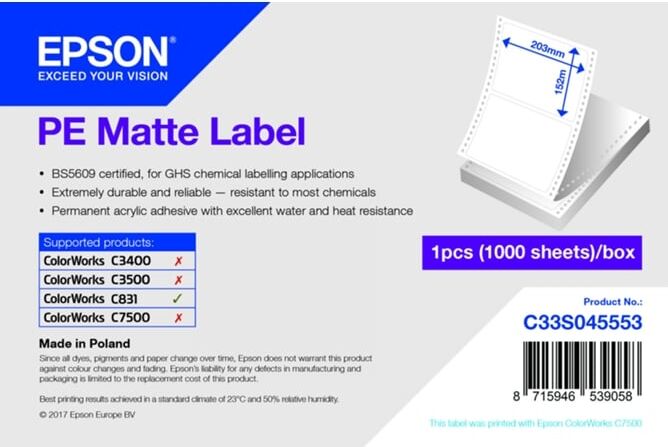 Epson Papel para Etiquetas EPSON PE Matte Die-cut contínuo perforado 203mm x 152mm 1000 etiquetas Epson Papel para Etiquetas EPSON PE Matte Die-cut contínuo perforado 203mm x 152mm 1000 etiquetas