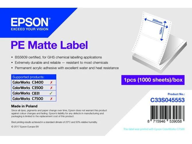 Epson Papel para Etiquetas EPSON PE Matte Die-cut contínuo perforado 203mm x 152mm 1000 etiquetas
