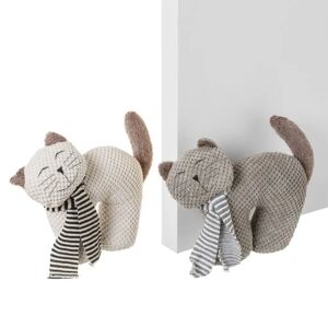 LOLAhome Set de 2 topes de puerta gato de tela y gravilla en blanco y gris de 30x9x25 cm