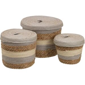 LOLAhome Set de 3 cajas acordonadas con tapa de fibra natural gris y beige