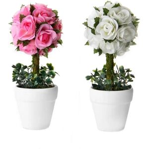 LOLAhome Set de 2 plantas artificiales rosas de tela con maceta blanca de terracota de Ø 6x48 cm