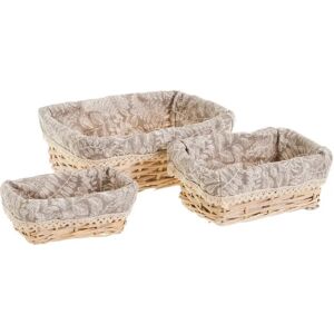 LOLAhome Set de 3 cestas de pan de mimbre y tela beige estampada con hojas