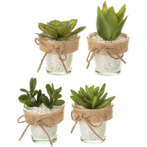 LOLAhome Set de 4 plantas artificiales de cactus verdes con maceta de cristal