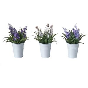 LOLAhome Set de 3 plantas artificiales lavanda de tela con vaso blanco de metal de Ø 9x14 cm