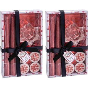 LOLAhome Set de 12 velas de Navidad blanco y rojo metalizado de parafina con candelabro de cristal