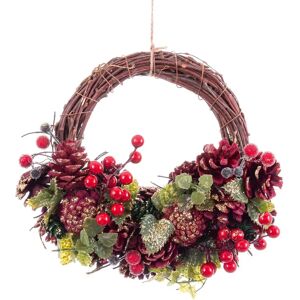 LOLAhome Corona de Navidad de piñas acebo y hojas de fibra natural marrón de Ø 22 cm