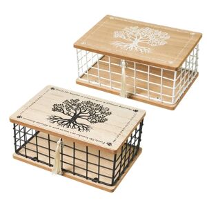LOLAhome Set de 2 cajas de hierro y madera de Árbol de la vida con varillas natural de 25x16x10 cm