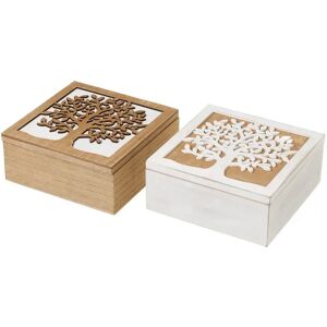 LOLAhome Set de 2 cajas de madera Árbol de la Vida en blanco y natural de 20x20x9 cm