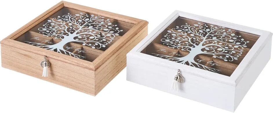 LOLAhome Set de 2 cajas de madera y cristal de Árbol de la Vida con 9 compartimentos blanco y natural