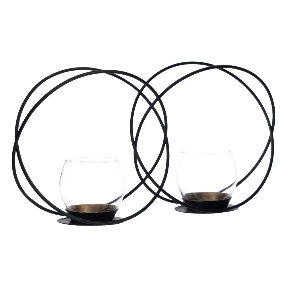 LOLAhome Portavelas de diseño doble negro de metal y cristal de 35x8x18 cm