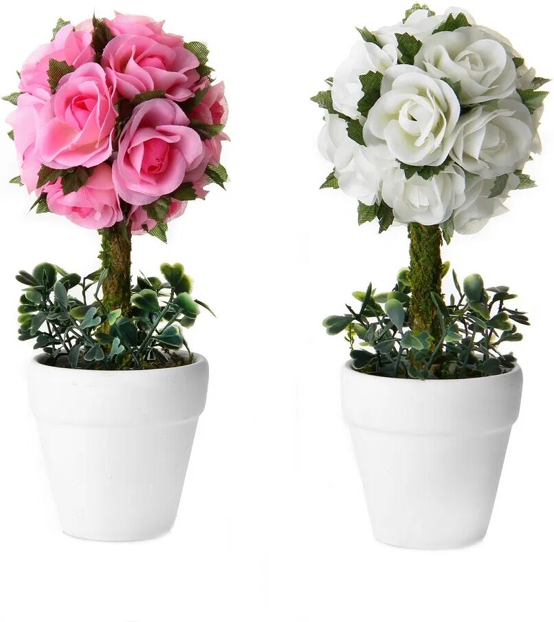 LOLAhome Set de 2 plantas artificiales rosas de tela con maceta blanca de terracota de Ø 6x48 cm