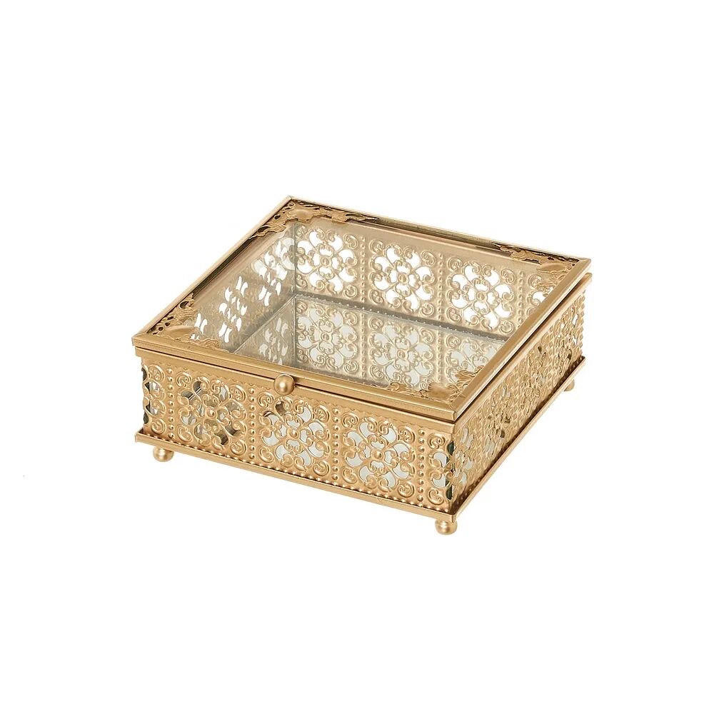LOLAhome Caja con tallado de metal y cristal dorada de 13x13x6 cm