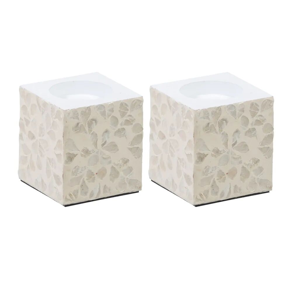 LOLAhome Set de 2 portavelas cubo con mosaico beige de nácar y madera de 10x10x10 cm