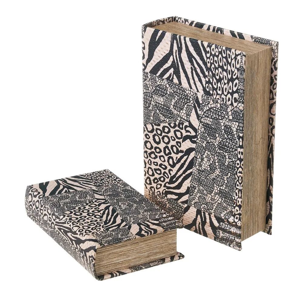 LOLAhome Set de 2 cajas libro forradas con animal print beige y negro