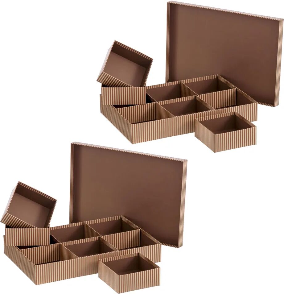 LOLAhome Set de 2 cajas de cartón de rayas marrones con 6 organizadores de 38x26x6 cm