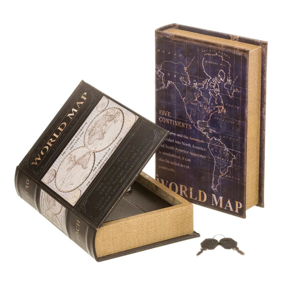 LOLAhome Set de 2 cajas libro de caudales estampado Mapa Mundi negro de polipiel y metal de 16x24 cm
