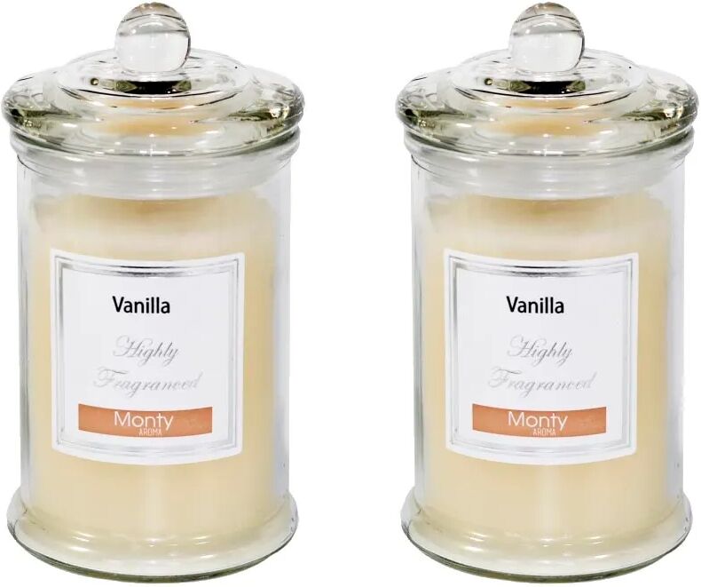 LOLAhome Set de 2 velas perfumadas beige de parafina aroma vainilla con tarro de cristal de Ø 7,5x14 cm