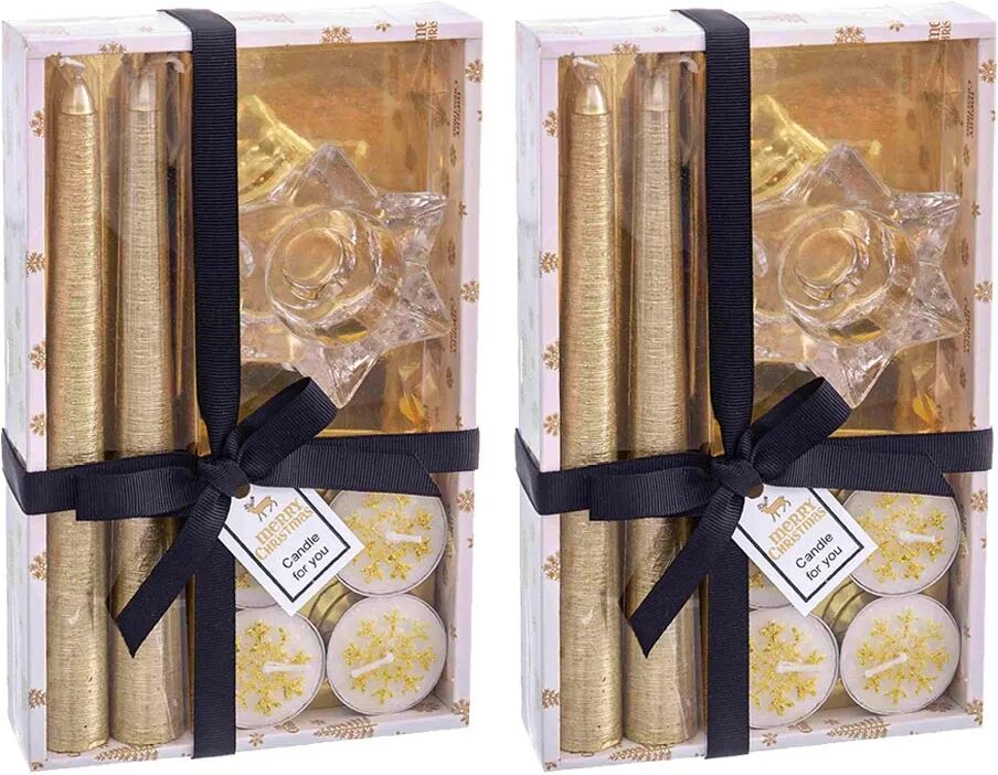 LOLAhome Set de 12 velas de Navidad blanco y dorado de parafina con candelabro estrella de cristal