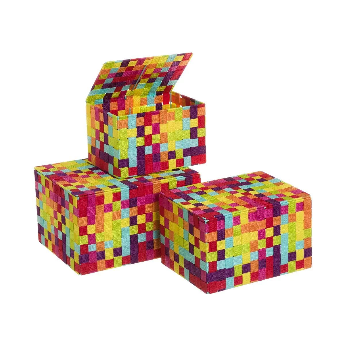 LOLAhome Set de 3 cestas trenzadas de polipropileno multicolor con tapa
