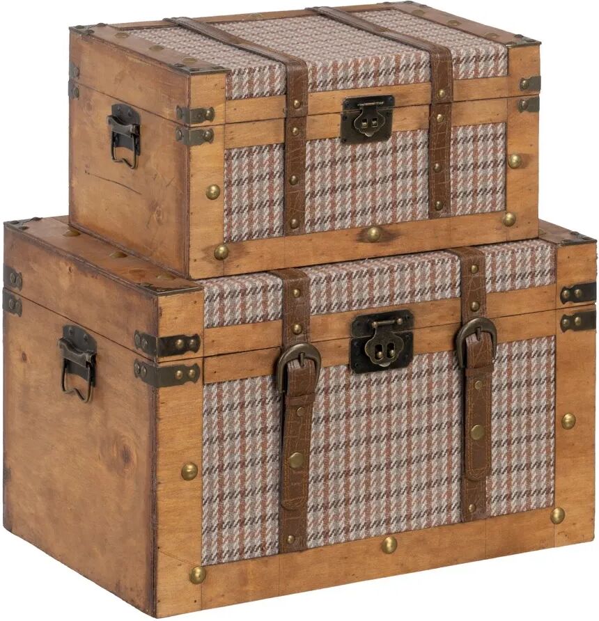 LOLAhome Set de 2 baúles de viaje de cuadros de madera de álamo marrones