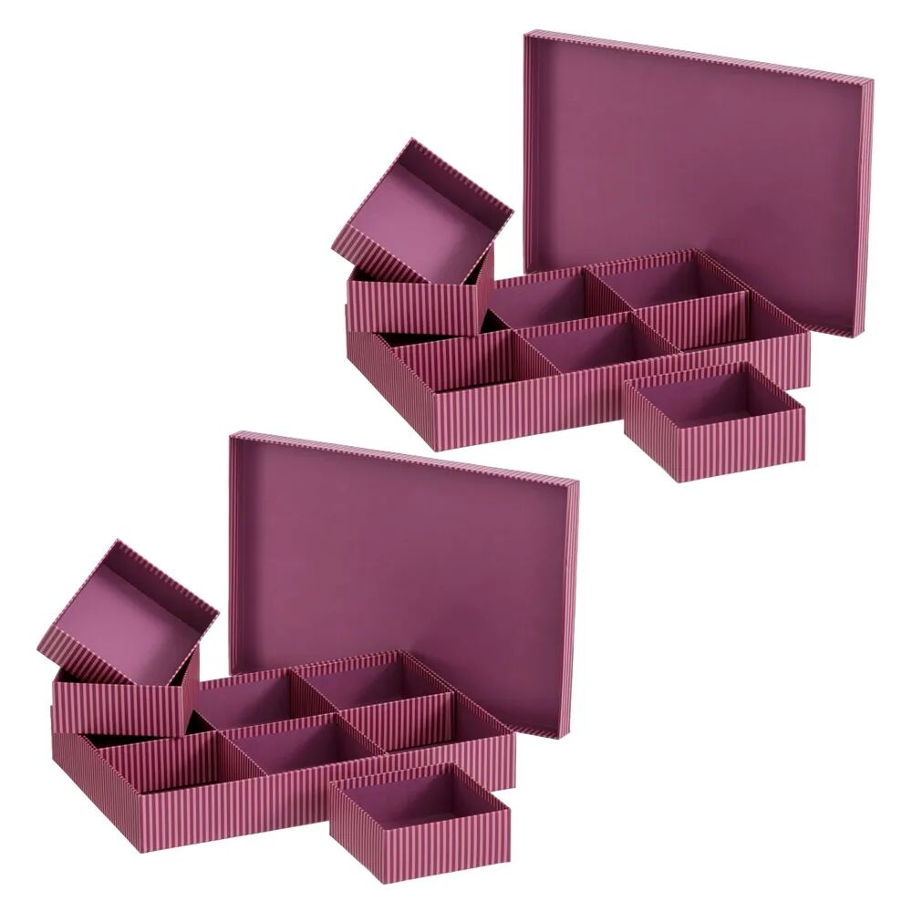 LOLAhome Set de 2 cajas de cartón de rayas granates con 6 organizadores de 38x26x6 cm