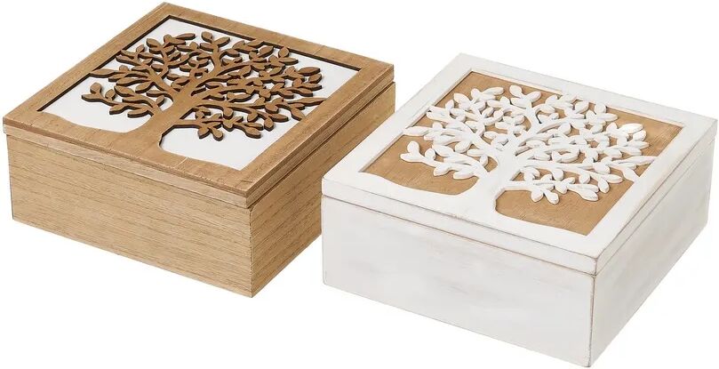 LOLAhome Set de 2 cajas de madera Árbol de la Vida en blanco y natural de 20x20x9 cm