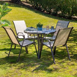 Conjunto de mesa redonda y 4 sillas de jardín Neila apilables ergonómicas marrón de acero, textileno y cristal
