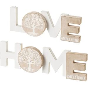 LOLAhome Set de 2 murales Home y Love de madera en blanco y natural de 30x8 cm